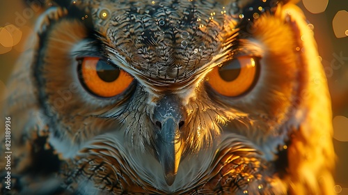 Peer into the soulful eyes of a majestic owl, its feathers ruffled by the wind as it surveys the night with unwavering intensity, captured in cinematic detail.