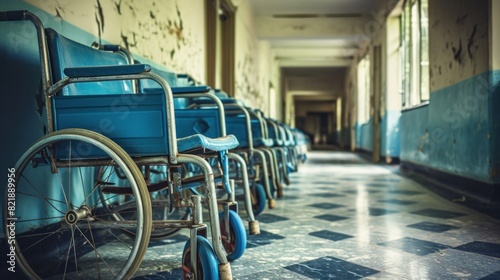 Empty wheelchair in hospital parking at corridor near a row of chairs for patient photo