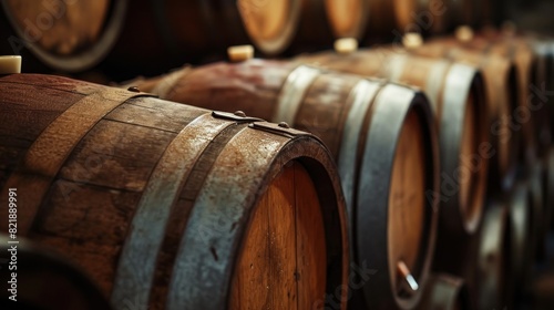 Wine or cognac barrels in the cellar of the winery, Wooden wine barrels in perspective. wine vaults. vintage oak barrels of craft beer or brandy