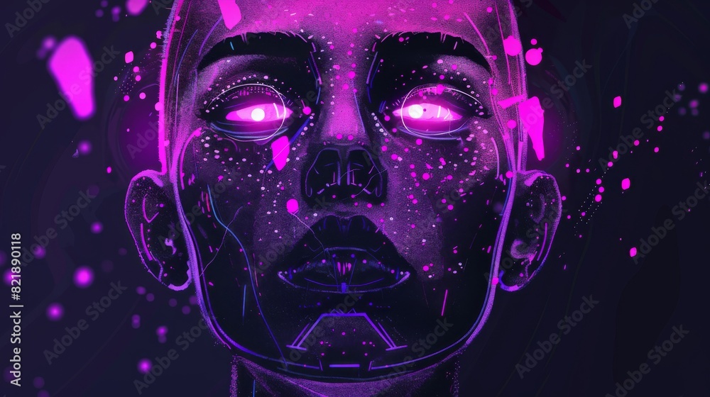 A womans face emanates an ethereal beauty with bright pink glowing eyes A womans face emanates an ethereal beauty with bright pink glowing eyes