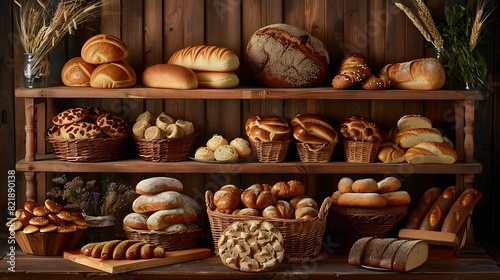 A bakery displays a variety of breads and rolls on wooden