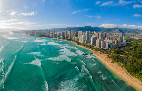 Aerial panoramic shot of Waikiki Beach in Honolulu