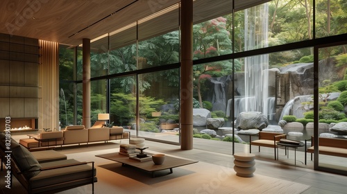 A luxurious living room with a tranquil Zen garden view