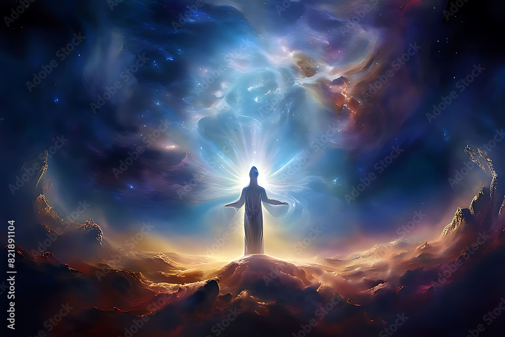 A surreal depiction of a divine entity motioning the creation of human life, with ethereal breath emanating from its celestial nose. The breath swirls into a human figure emerging from nothingness, il A surreal depiction of a divine entity motioning the creation of human life, with ethereal breath emanating from its celestial nose. The breath swirls into a human figure emerging from nothingness, il