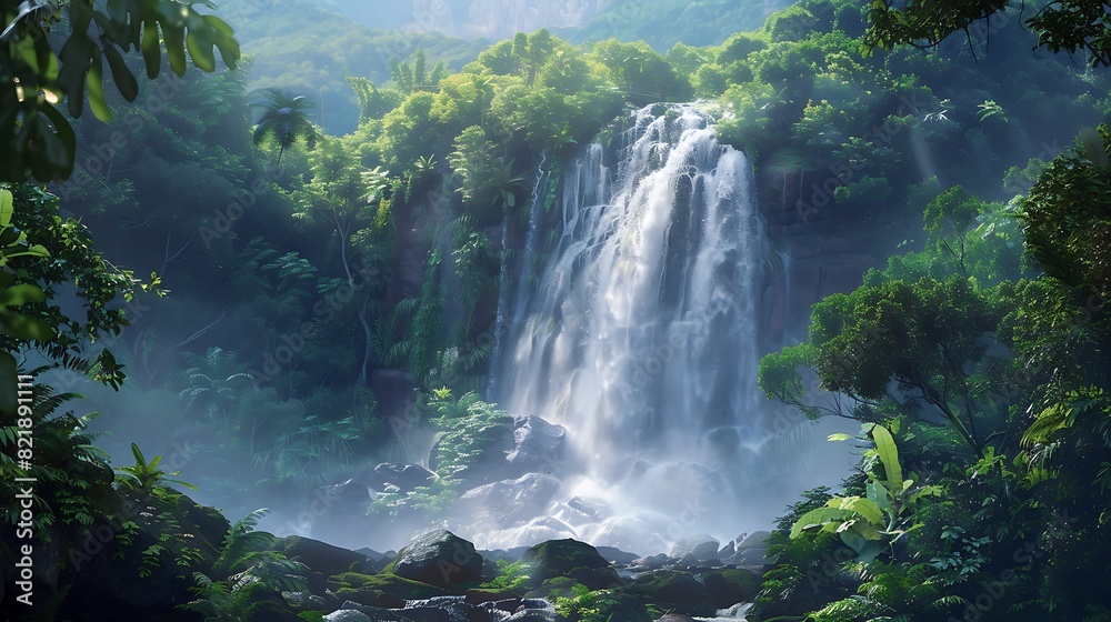 Majestic Waterfall Surrounded by Dense Jungle Foliage and Misty Atmosphere Majestic Waterfall Surrounded by Dense Jungle Foliage and Misty Atmosphere