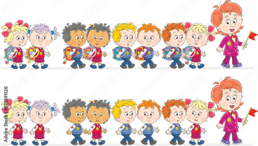 Happy school teacher and funny little schoolboys and schoolgirls with and without their schoolbags walking down a street, vector cartoon illustration isolated on a white background Happy school teacher and funny little schoolboys and schoolgirls with and without their schoolbags walking down a street, vector cartoon illustration isolated on a white background