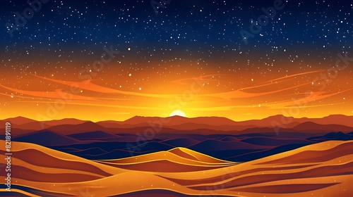 Majestic Desert Landscape with Golden Sand Dunes, Brilliant Sunset, and Starry Night Sky