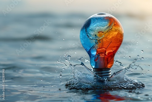 Creative Concept of a Light Bulb with Fire and Water Inside on Ocean Surface Innovative Design for Imagination, Creativity, and Balance