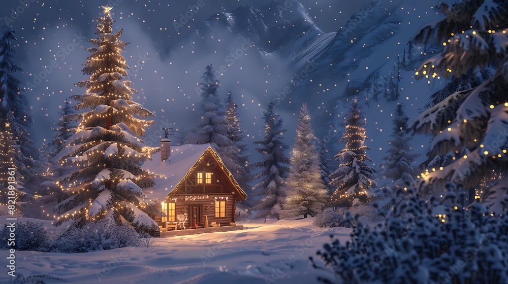 Winter Wonderland: Festive Holiday Scene with Snow-covered Cabin, Pine Trees, and Twinkling Lights