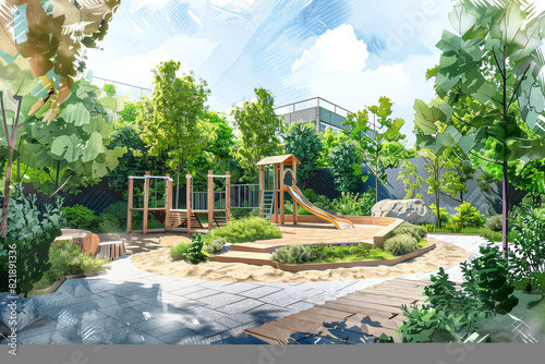 Illustration of a serene playground surrounded by lush greenery on a sunny day, perfect for a children's fun and safe outdoor activity.