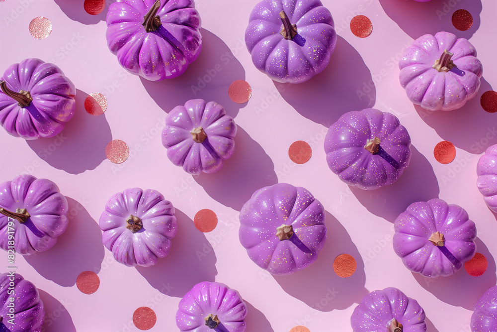 Fototapeta Minimalistic flat lay of purple and pink pumpkins on pastel lilac background with confetti and glitter for Halloween party decoration or design concept