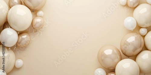 a banner with beige and white balloons for an elegant party, and golden confetti on the bottom. Web banner with space for copy on the right in the style of copyspace.