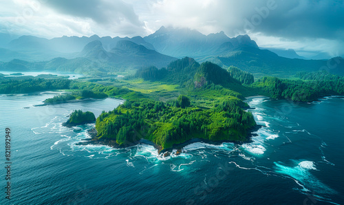 Scenic Aerial View of Lush Greenery and Coastal Landscape in Tofino  Vancouver Island  Canada at Dawn