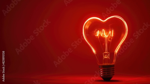 light bulb in heart shape on red background for love