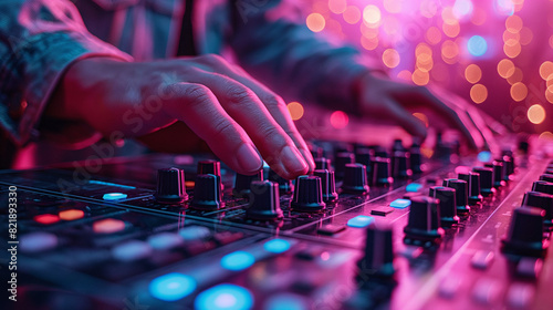 Deejay mixing music in the dj mixer. DJ Hands creating and regulating music on dj console mixer in concert nightclub stage