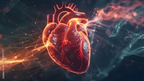 An accurate portrayal of a beating heart that shows how the cardiac conduction system transmits electrical impulses to control heartbeat. Concept of cardiology 