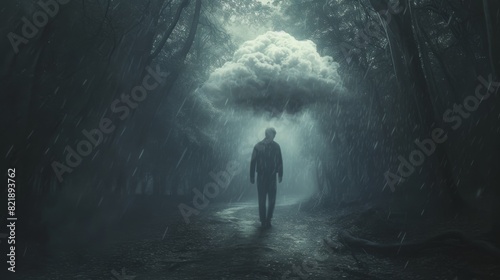 A surreal image of a man walking under a personal rain cloud amidst a misty, dark forest, embodying a moody and atmospheric scene. photo
