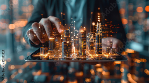 Smart city, building technology, and real estate business. Businessman holding digital tablet with buildings hologram and application programming interface technology