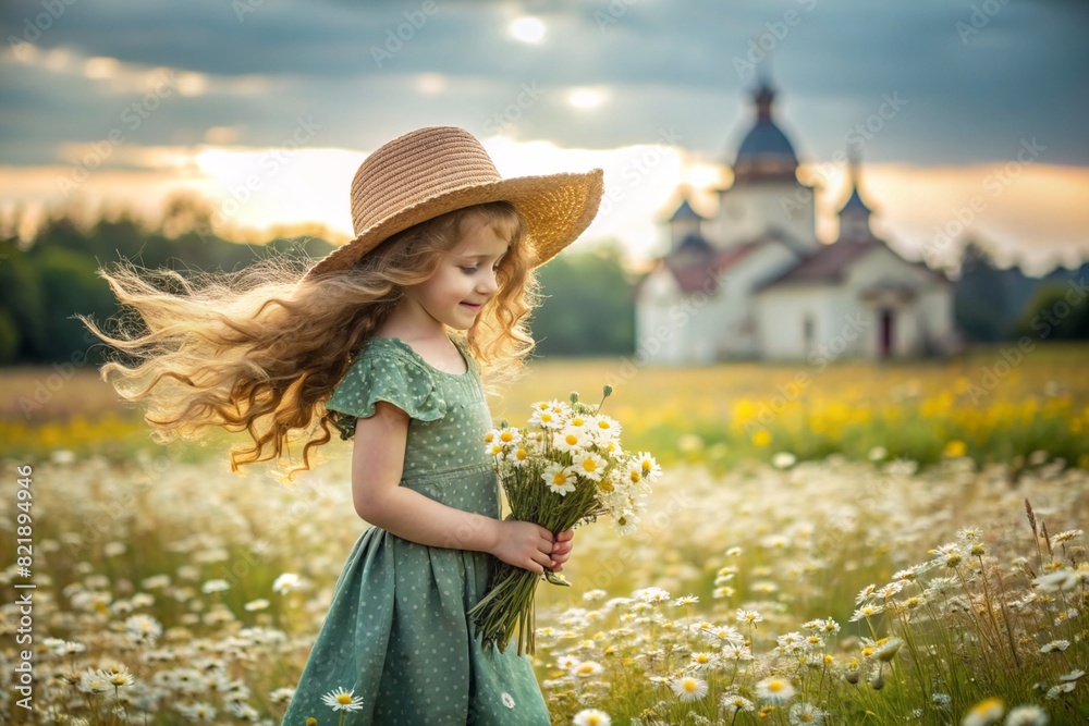 All-Russian day of family, love, fidelity. A beautiful little curly-haired girl in a straw hat with a bouquet of daisies on the background of a field of daisies. Valentine's Day of Peter and Fevronia.