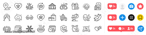 Puzzle, Journey and Add gift line icons pack. Social media icons. Love glasses, Puzzle time, Refresh cart web icon. Baggage cart, Carousels, Grilled sausage pictogram. Vector