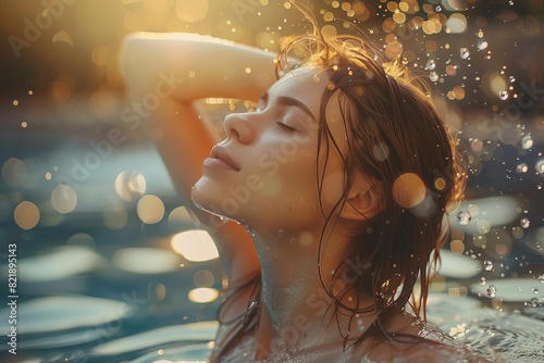 Young woman enjoying a refreshing swim in the pool, basking in the warm sunlight with water droplets shimmering around her.
