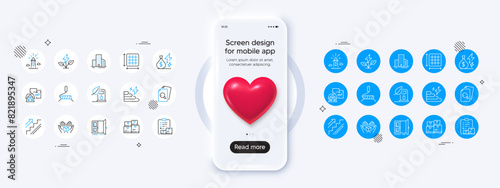 Phone mockup with 3d heart icon. Inventory checklist, Open door and Floor plan line icons. Pack of Square area, Lighthouse, Eco power icon. Inspect, Stairs, Electricity price pictogram. Vector