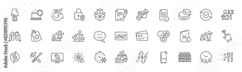 Approved, Cursor and Food delivery line icons. Pack of Innovation, Packing boxes, Dollar rate icon. Table lamp, Loyalty tags, Like pictogram. Inspect, Auction, Manual. 360 degrees, Card. Vector