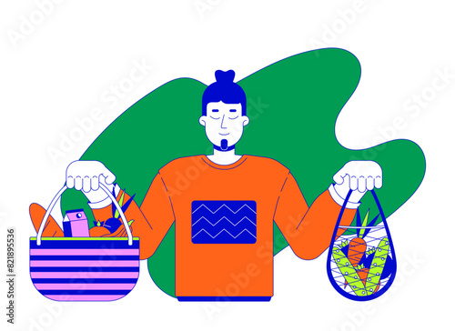 Caucasian man with products in reusable bags line cartoon flat illustration. Grocery male customer 2D lineart character isolated on white background. Food overconsumption scene vector color image