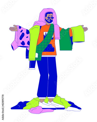 African american man having too much clothes line cartoon flat illustration. Black male shopaholic 2D lineart character isolated on white background. Overconsumption fashion scene vector color image