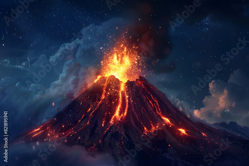 volcano eruption at night natural disaster volcano explosion lava erupts AI