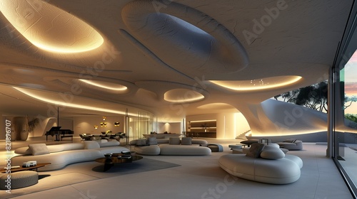 A modern living room with a dramatic sculptural ceiling © farhan