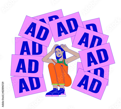 Arab woman threatened by annoying ads 2D linear illustration concept. Middle eastern female cartoon character isolated on white. Too much targeting metaphor abstract flat vector outline graphic