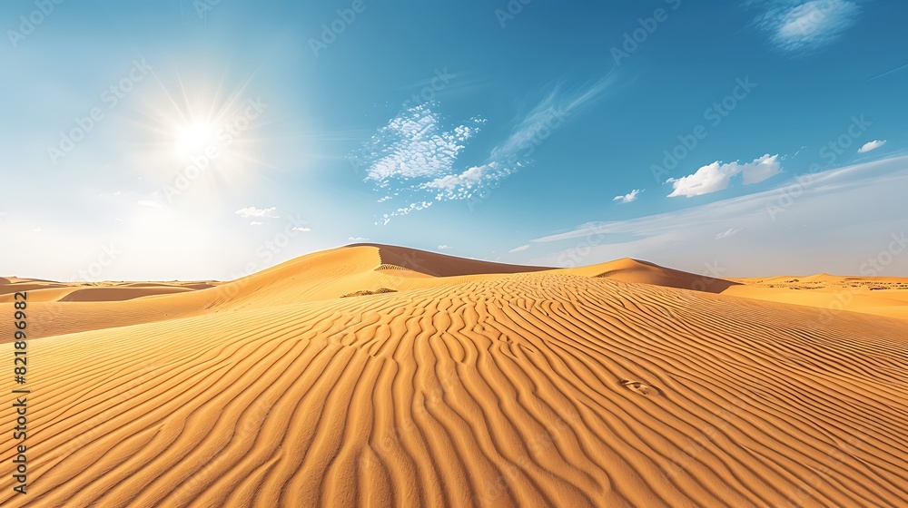 Serene desert dunes stretching into the distance under a clear blue sky, bathed in warm sunlight.