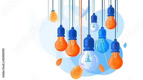 A variety of light bulbs hang from the ceiling. The bulbs are of different colors and shapes.