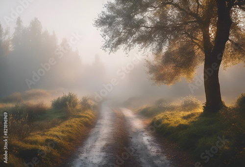 Chemin dans un paysage brumeux en automne