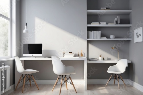 Frosty White Study Room Design With Grey Painted Wall, one chair © Dhiandra