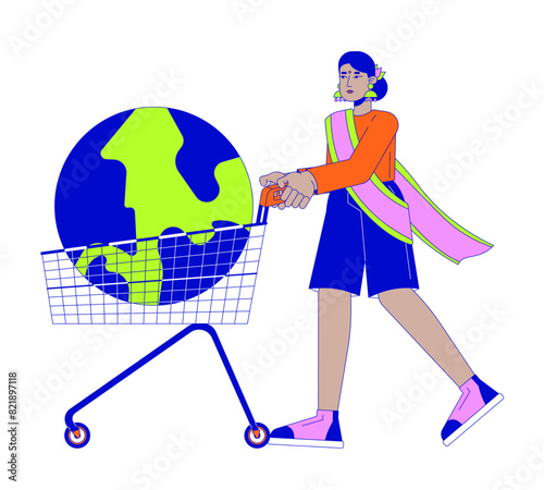 Indian woman pushing cart with earth globe 2D linear illustration concept. Hindu female overconsumption cartoon character isolated on white. Buy world metaphor abstract flat vector outline graphic