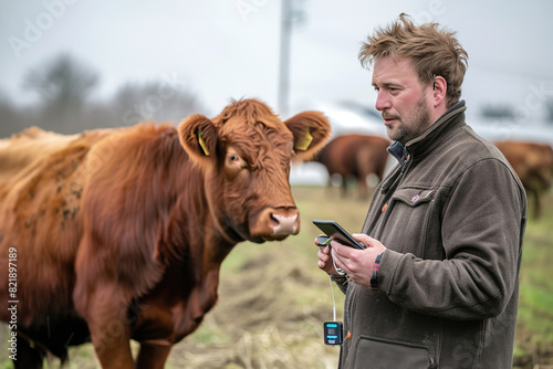 Farmer monitoring livestock with sensor technology, optimizing animal health in agriculture. © Degimages