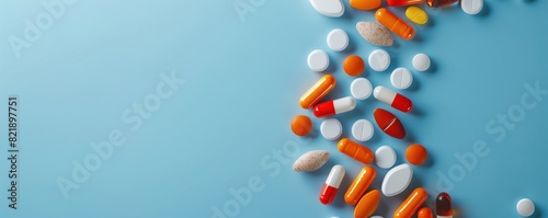 A vibrant assortment of colorful medicine tablets arranged in a spiral pattern on a bright blue background