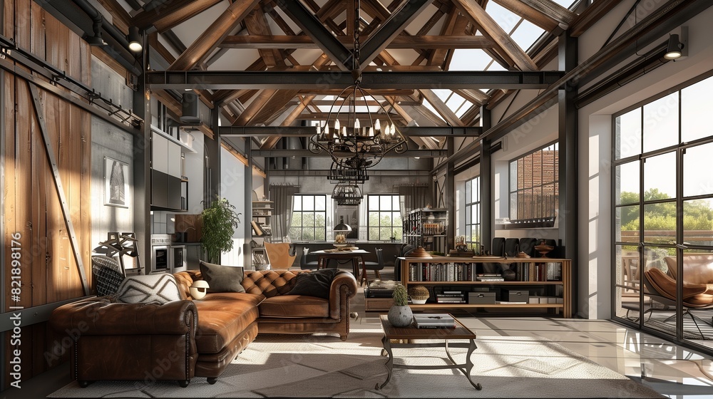 A modern living room with a high ceiling and large beams