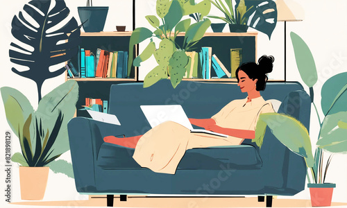 woman sitting in a chair and working on a laptop, home office, work from home, freelance, young girl studying at home, vector illustration