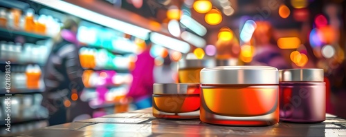 A display of skincare products at the front of the drug store  with the background blurred to create a focused view