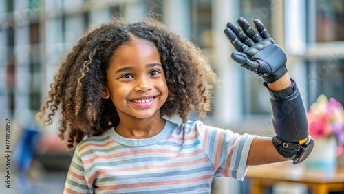 Smiling black kid girl satisfied with artificial limb. High tech prosthetic arm. Lifestyle of child people with disabilities. photo