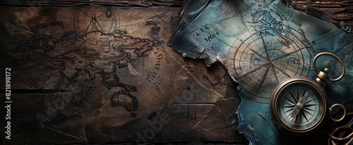 a compass and old maps on a dark wood background, representing exploration for an adventure-themed banner. Web banner with copy space on the right in the style of an old explorer map. photo