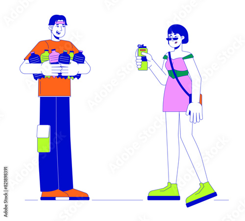 Choosing reusable water bottle line cartoon flat illustration. Korean friends sharing water 2D lineart characters isolated on white background. You need only one bottle scene vector color image
