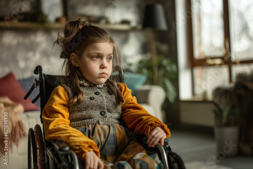 Portrait of little sad disabled girl in a wheelchair. Health Problems concept. Modern interior background