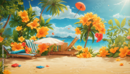 This is a cartoon image of a beach scene with a blue sea and yellow sand.