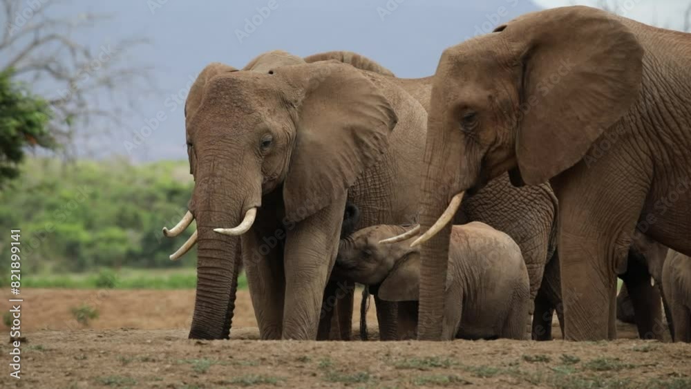 Elephant Calf suckling on mother's milk while she drinks water. Elephant Calf suckling on mother's milk while she drinks water.