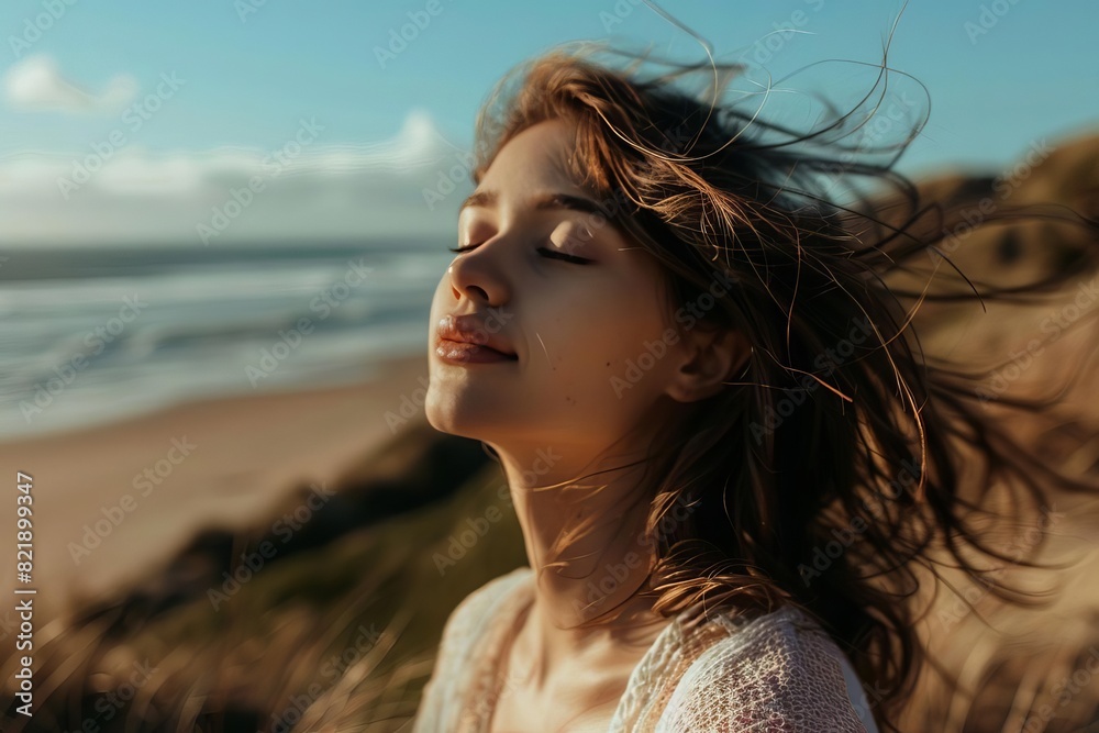 Woman enjoying the breeze by the seaside, closed eyes, relaxed expression, natural light, peaceful moment, scenic beach and ocean background. Woman enjoying the breeze by the seaside, closed eyes, relaxed expression, natural light, peaceful moment, scenic beach and ocean background.