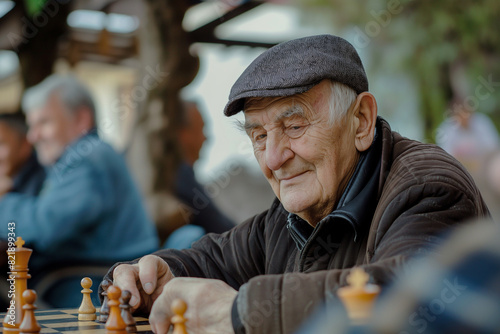 An old man is playing chess with a group of people